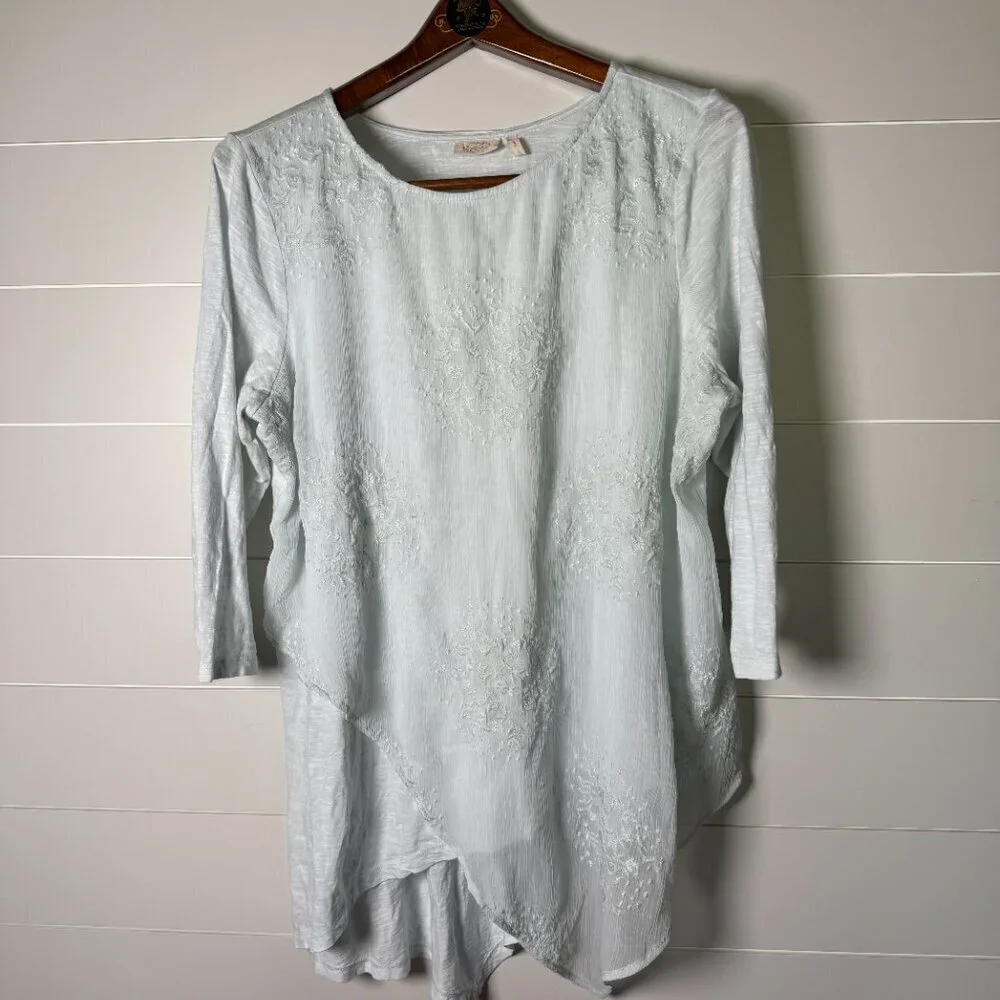 LOGO Lavish Knit Top Asymmetric Hem Embroidery XL- Ice Blue